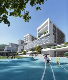 an artist's rendering of people running on a track in front of a building