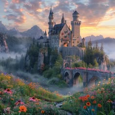 a castle in the middle of a forest with flowers growing on it's sides