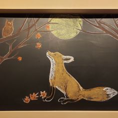 a drawing of a fox sitting next to a tree