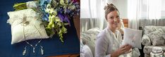 a woman sitting on a couch next to a bouquet of flowers and a white pillow