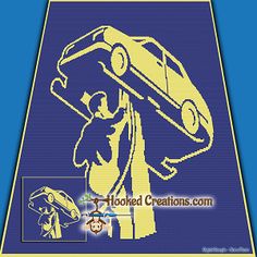 a cross stitch pattern of a man carrying a car on his back with the words hooked creations