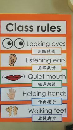 an orange sign with words and pictures on it that say class rules, looking eyes listening ears quiet mouth helping hands walking feet