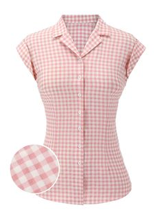 Pink 1950s Gingham Plaid Lapel Shirt Pink Cotton Short Sleeve Camp Shirt, Classic Pink Tops For Summer, Pink Collared Camp Shirt For Spring, Classic Pink Summer Top, Classic Pink Summer Tops, Retro Pink Collared Tops, The 50s Fashion, Retro Stage, Swimsuit Sale