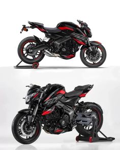 two different views of a motorcycle on a white background, one is red and the other is black