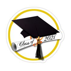 a black graduation cap and tassel on top of a yellow circle with the words class of 2021