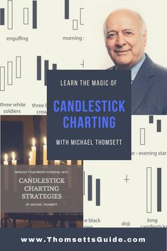 a man in a suit and tie next to candlesticks with the title learn the magic of candlestick charing