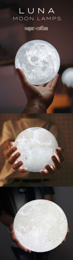 the moon lamp is being held in two different positions, with hands reaching for it