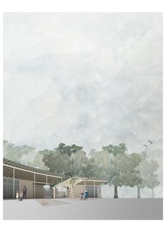 an artist's rendering of the exterior of a building with trees and people walking around