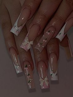 Size 1 Nails, Pretty Nail Inspo Square, Quince Dama Nails, Cute Nails Acrylic Summer 2024, Simple Cherry Nails, White And Pink French Tip Nails, Long Square Nails Designs, Long Acrylic Nails Square, Pink Cherry Nails