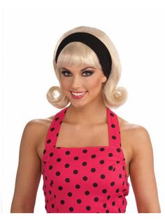 Easy 50s Hairstyles, Grease Costume, Sandy Grease, Wig Party, Big Curls, Poodle Skirt, Black Headband, Wigs Online, Headband Wigs