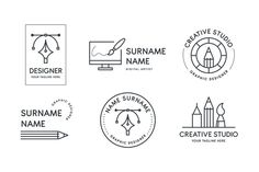 six different logos for creative studio, including one with a pen and the other with an arrow