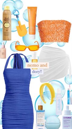 a woman's blue dress, sun glasses, and other items are arranged in the shape of bubbles