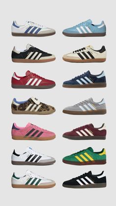 the adidas are all different colors and sizes