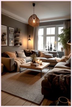 a living room filled with lots of furniture and a lamp on top of a table