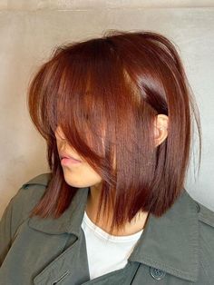 Brown Red Bob Haircut, Brown Hair Colors Chestnut, Blonde To Chestnut Brown Hair, From Red To Brown Hair, Chin Length Auburn Hair, Short Auburn Brown Hair, Pale Skin Auburn Hair, Chestnut Bob Hair, Full Fringe Hairstyles Shoulder Length