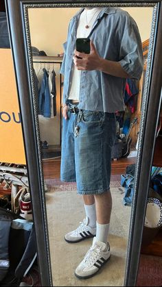 samba, jorts, cropped shirt, summerfit, streetwear Mens Cropped Outfit, Men’s 90s Outfits Jorts, Outfit Men Summer Street Styles, Man Jorts Outfit, Button Up Jorts Fit, Jorts Sambas Outfit Men, Guys Jorts Outfit, Jorts Streetwear Outfit Men, How To Crop A Shirt Men