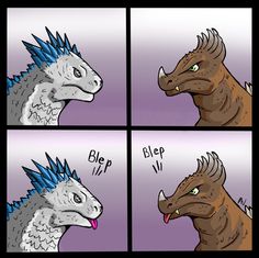 an image of two dinosaurs with spikes on their heads, one is angry and the other is sleepy