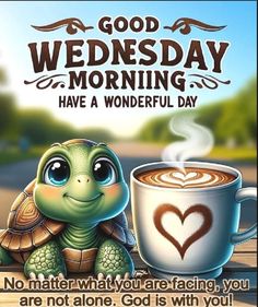 a turtle sitting next to a cup of coffee with the words good wednesday morning have a wonderful day