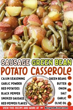 the poster for sausage green bean potato casserole