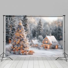 a christmas tree with presents in front of it on a snowy day, surrounded by snow - covered trees