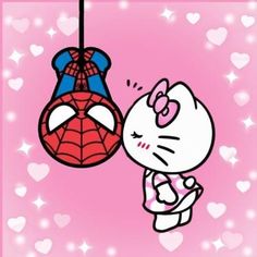 hello kitty and spiderman hanging from a pink background with hearts in the sky behind them