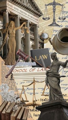 collage of law related images including statue, scales and books