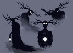 three creepy trees with glowing eyes in the dark night, one has a lantern on its head