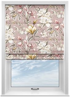 a pink roman blind with white flowers on the side and blue sky in the background