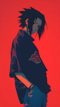 an anime character with black hair standing in front of a red background and looking at the camera