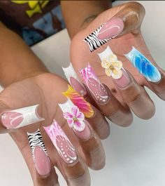 Non French Tip Nail Ideas, Extra Design Nails, Nails Acrylic Extra, Vacation Acrylics, Extra Nails Designs, Curvy Nails, Coffin Nails French Tip, Coffin Nails French, Summer Holiday Nails