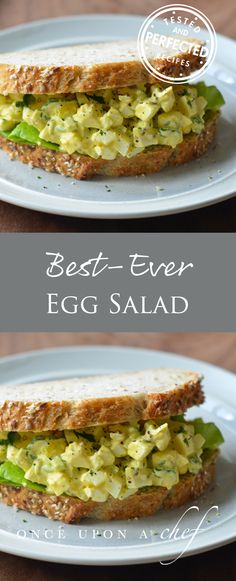 two plates with sandwiches on them and the words best ever eggs salad