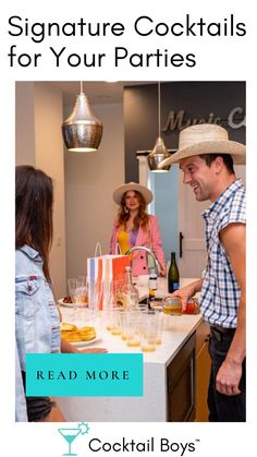 a man and woman standing in front of a bar with drinks on it, the text reads signature cocktails for your parties read more