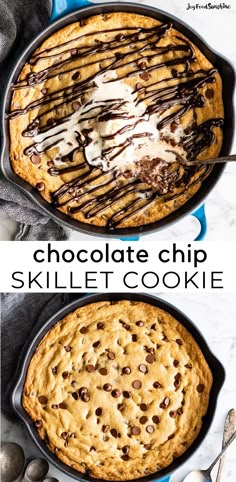 chocolate chip skillet cookie is shown in two different pans with the same topping