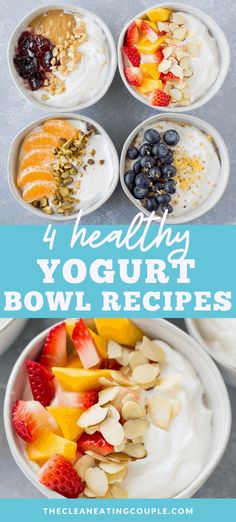 four bowls filled with yogurt and fruit