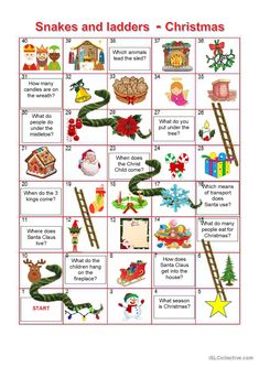 snakes and ladders christmas game with pictures on the board, including santa's sleigh