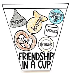 a cup filled with different kinds of items on top of it's side and the words friends in a cup below