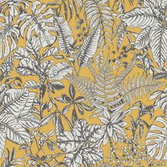 a yellow and grey wallpaper with leaves on it