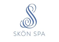 the skon spa logo is shown on a white background with blue lines and swirls