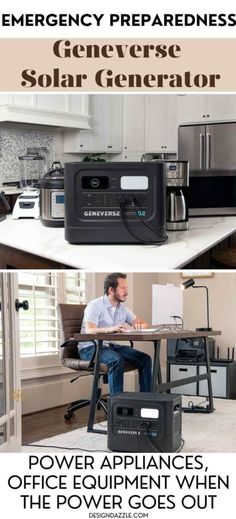 an advertisement for a solar generator in the kitchen and on the dining room table with a man sitting at it