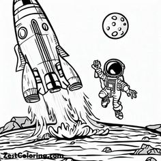 an astronaut and a rocket in the space coloring pages for kids to print out on