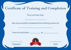 a certificate for training and completion with a red ribbon around the edges on a blue background