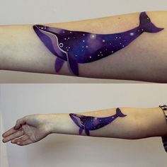 two pictures of a tattoo with a whale on it's arm and an image of the