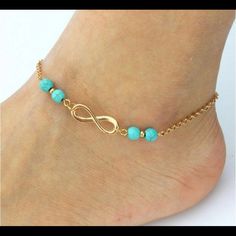 Gorgeous Delicate Gold Anklet With Infinity Symbol And Turquoise Beads To Accent. Brand New In Package! Tags: Foot Feet Jewelry Beach Wedding Pool Sexy Vacay Vacation Party Accessory Accessories Sandal Summer Elegant Turquoise Anklets For Summer, Elegant Turquoise Anklets For The Beach, Casual Turquoise Jewelry For Party, Infinity Anklet, Silver Chain Anklet, Beaded Ankle Bracelets, Anklet Designs, Beaded Ankle, Summer Anklets