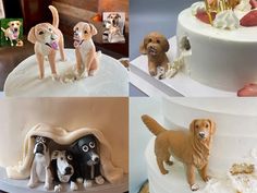 there are four different pictures of dogs on the cake