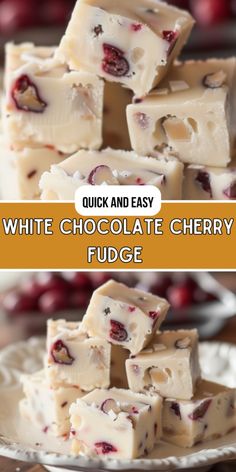 white chocolate cherry fudge is stacked on top of each other