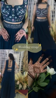 a woman in a blue dress with henna on her hands and the words wedding recap