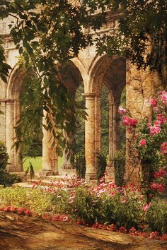 a painting of an old building with flowers in the foreground and trees on either side