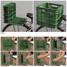 there are many different pictures of green crates on the back of a bike with wheels