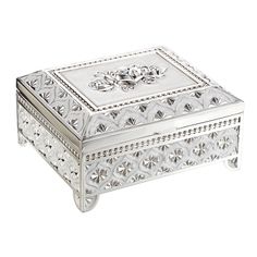 an ornate silver box is shown on a white background