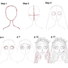 step by step instructions to draw a woman's face with different angles and hair